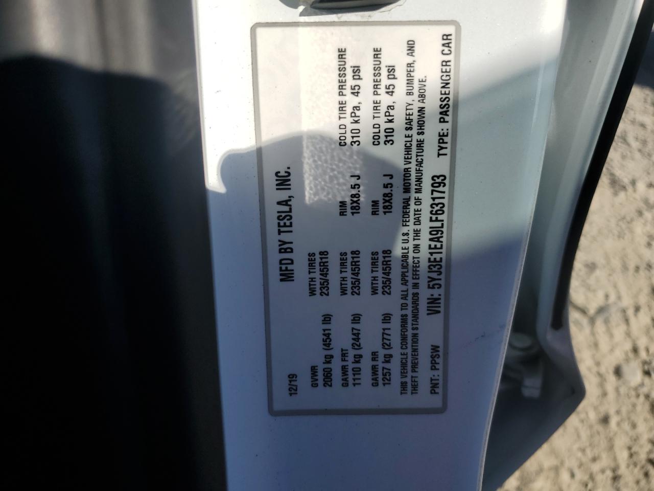 5YJ3E1EA9LF631793 2020 Tesla Model 3