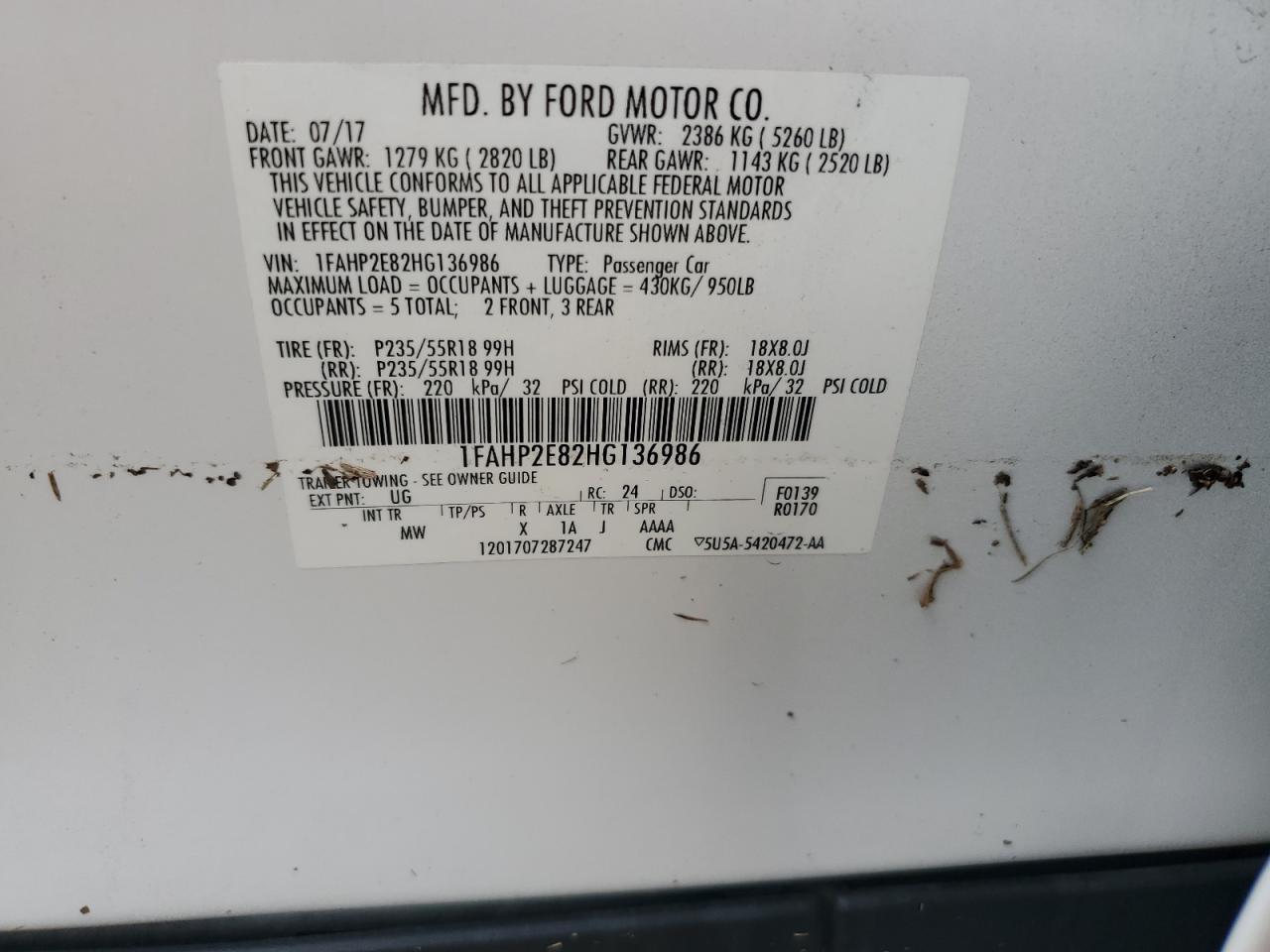 1FAHP2E82HG136986 2017 Ford Taurus Sel