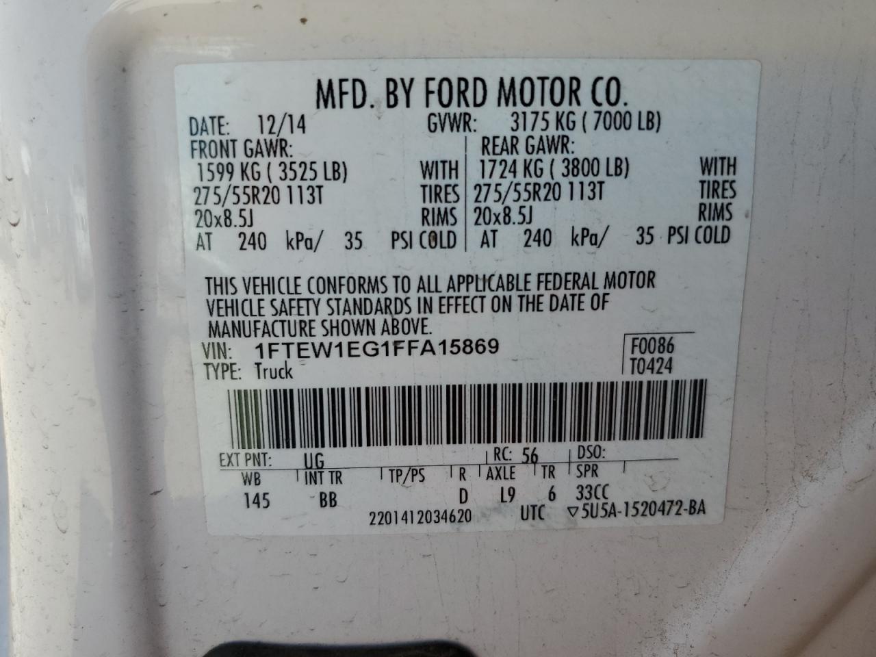 1FTEW1EG1FFA15869 2015 Ford F150 Supercrew