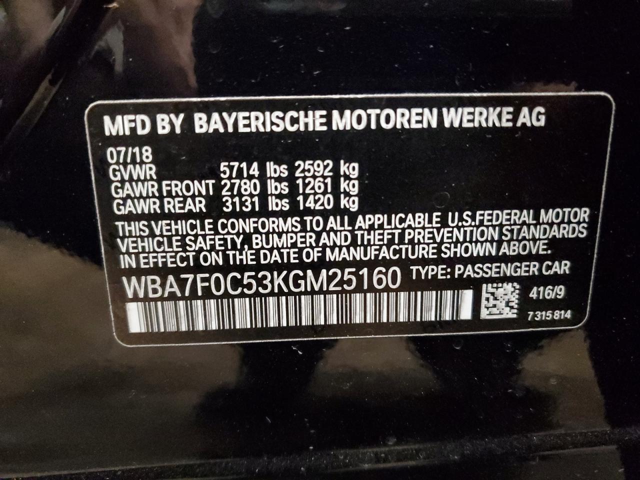 2019 BMW 750 I VIN: WBA7F0C53KGM25160 Lot: 77334944