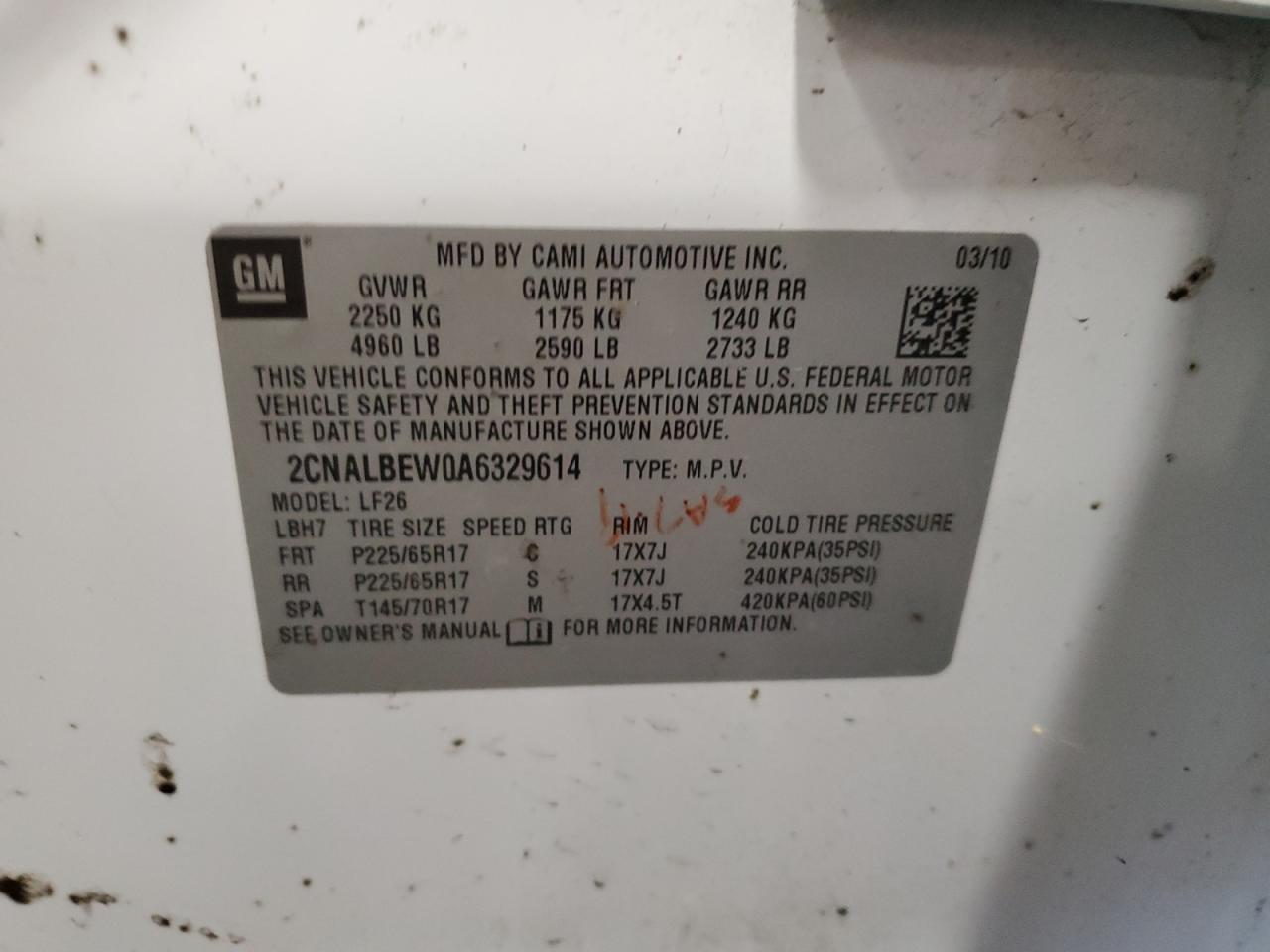 2CNALBEW0A6329614 2010 Chevrolet Equinox Ls