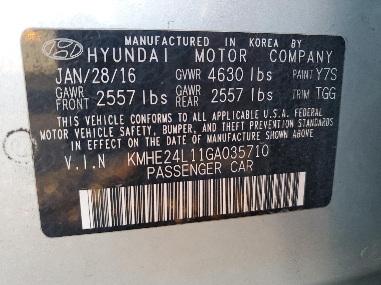 KMHE24L11GA035710 2016 Hyundai Sonata Hybrid