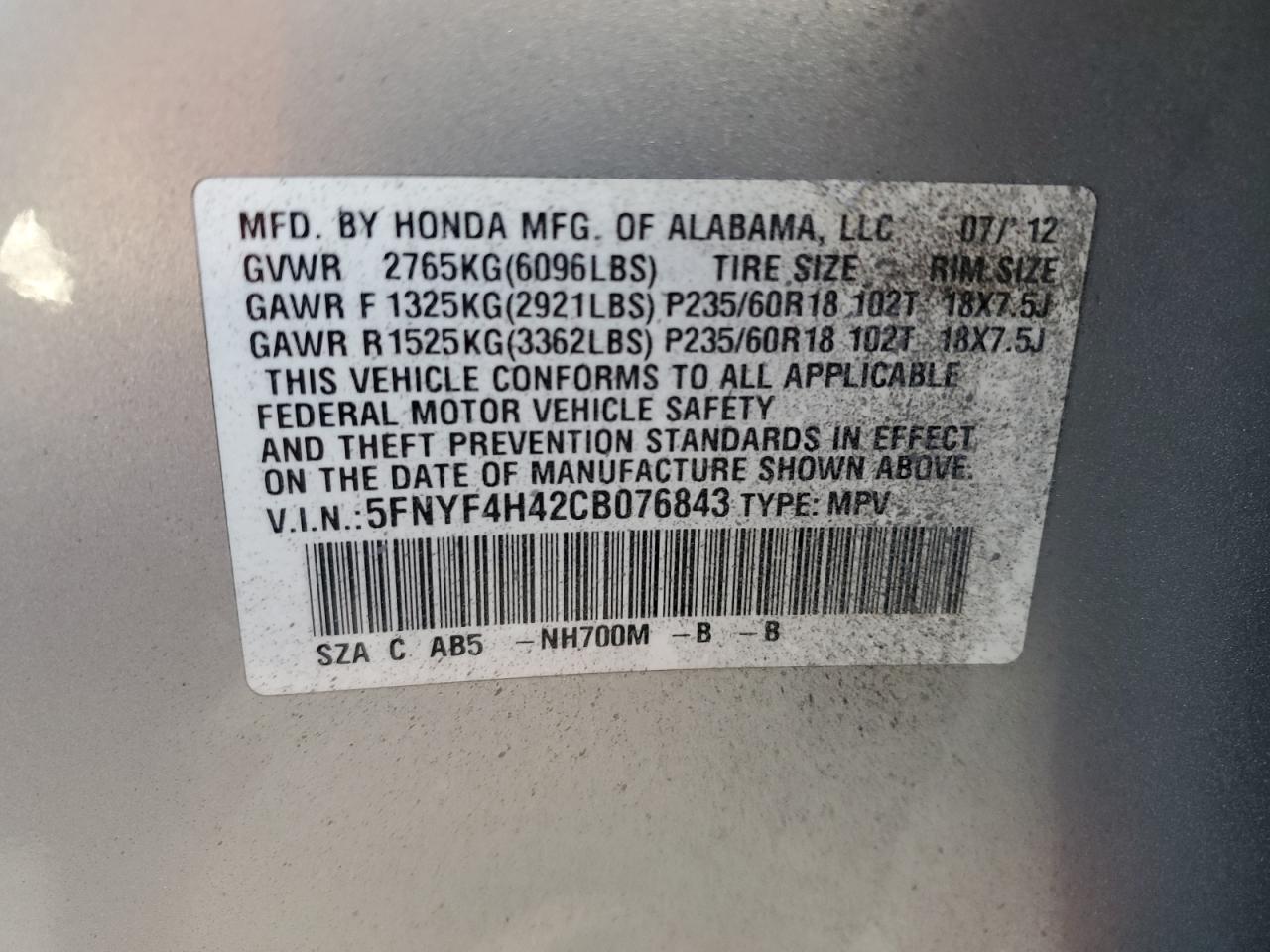 2012 Honda Pilot Ex VIN: 5FNYF4H42CB076843 Lot: 76372404