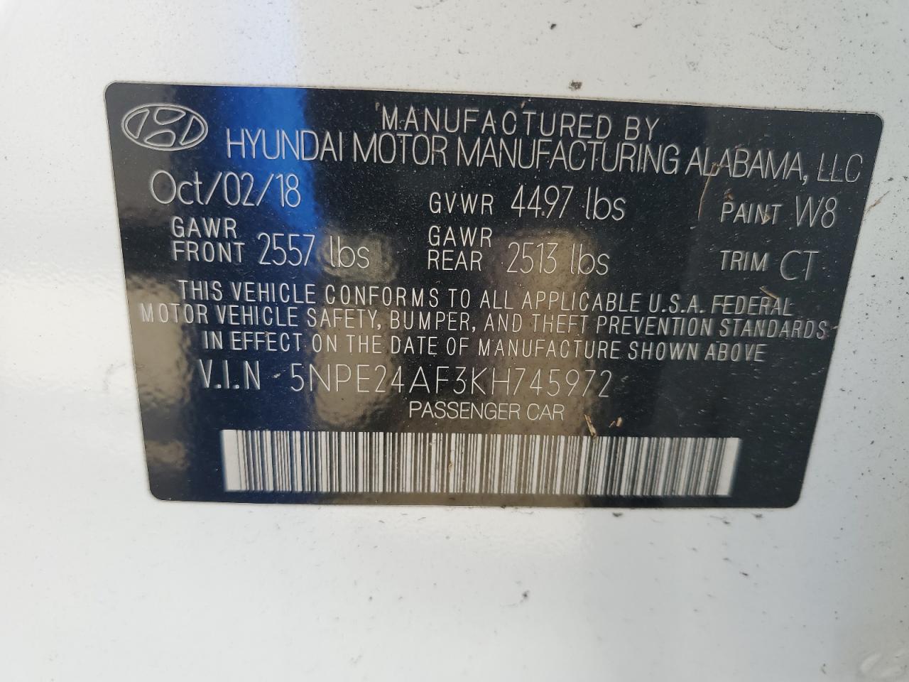 2019 Hyundai Sonata Se VIN: 5NPE24AF3KH745972 Lot: 74078214