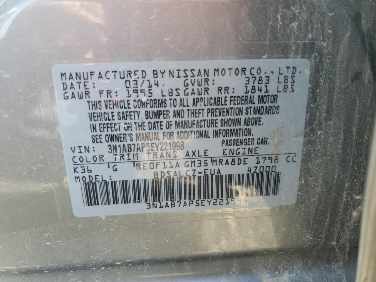 3N1AB7AP5EY221998 2014 Nissan Sentra S