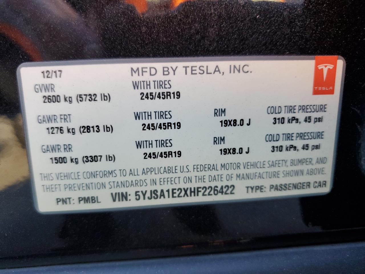 2017 Tesla Model S VIN: 5YJSA1E2XHF226422 Lot: 78090104