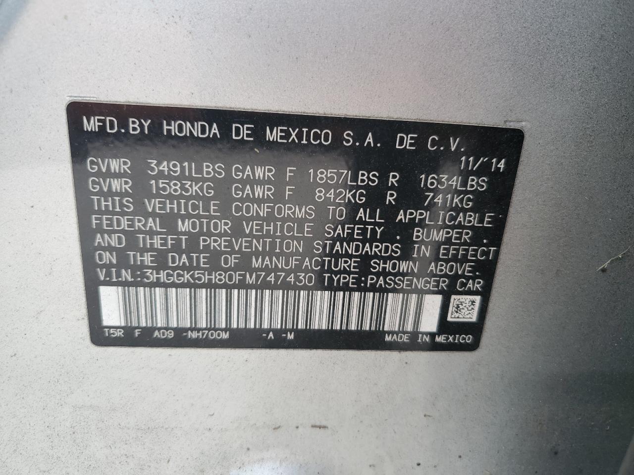 3HGGK5H80FM747430 2015 Honda Fit Ex