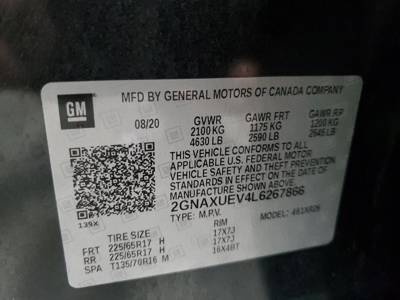 2GNAXUEV4L6267866 2020 Chevrolet Equinox Lt