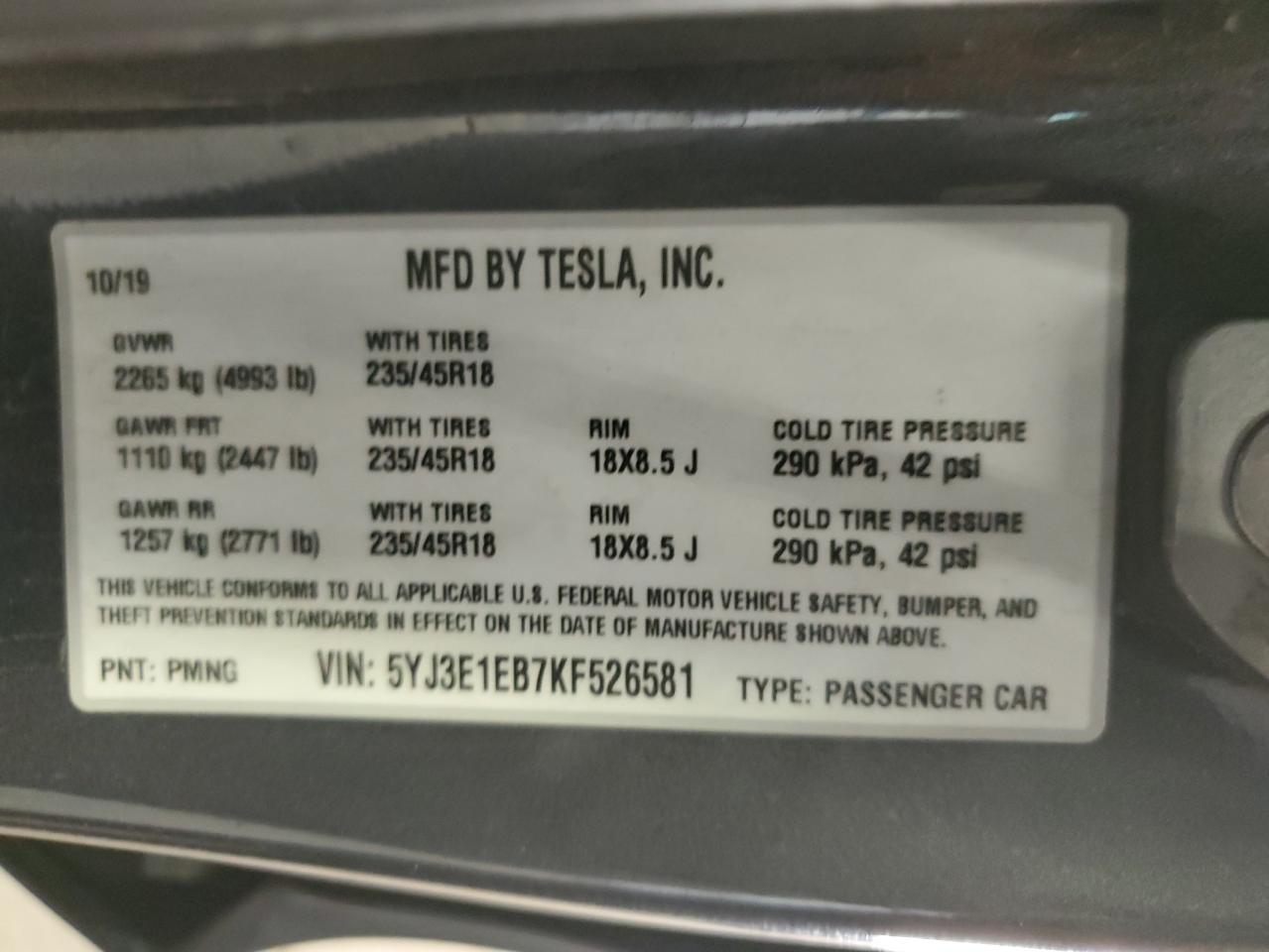 2019 Tesla Model 3 VIN: 5YJ3E1EB7KF526581 Lot: 75142264