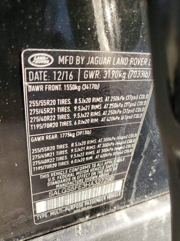 2017 Land Rover Range Rover Supercharged VIN: SALGS5FE3HA327290 Lot: 73703564