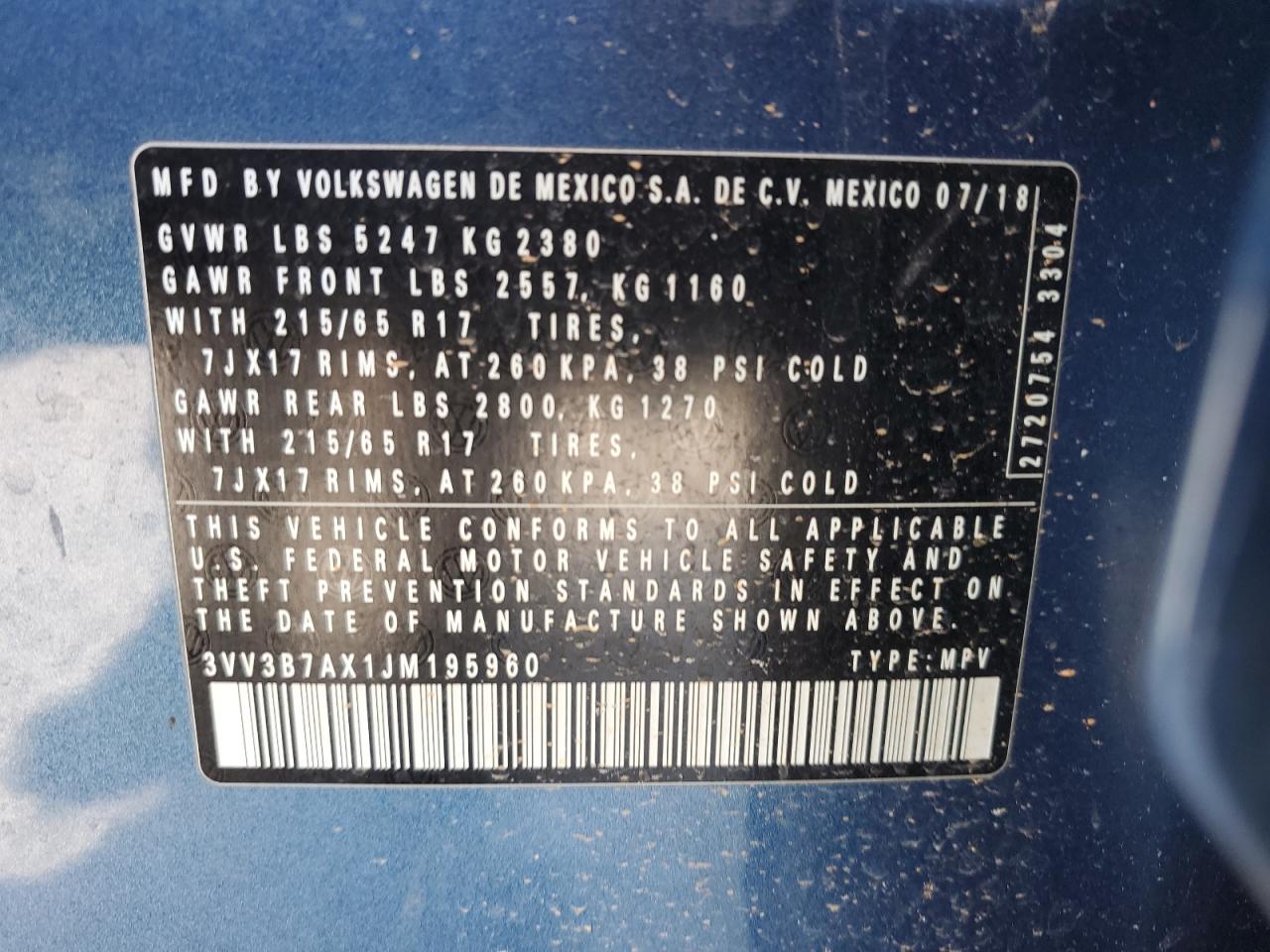 3VV3B7AX1JM195960 2018 Volkswagen Tiguan Se