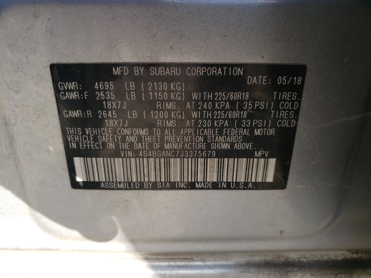 VIN 4S4BSANC7J3375679 2018 SUBARU OUTBACK no.14