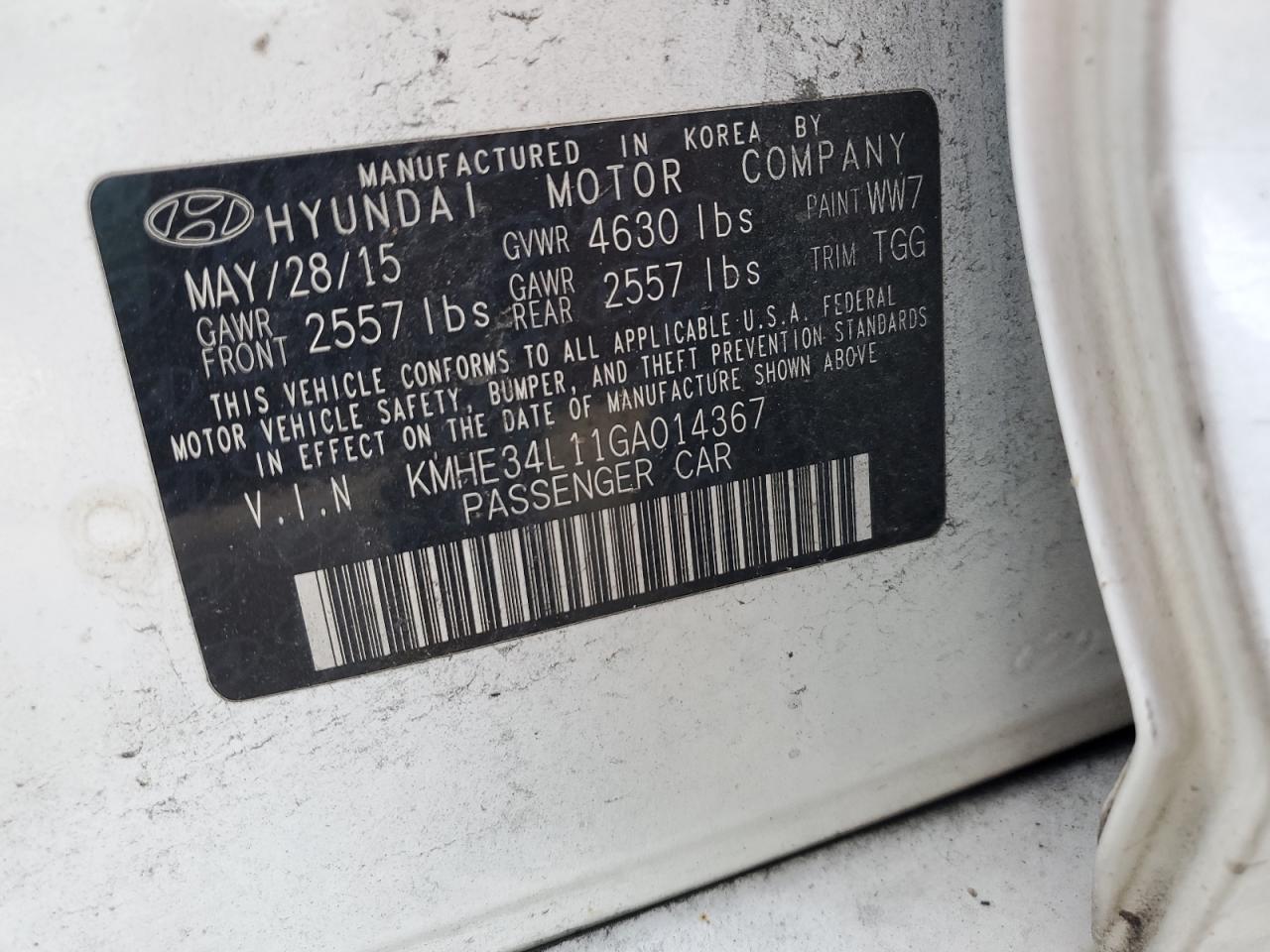 2016 Hyundai Sonata Hybrid VIN: KMHE34L11GA014367 Lot: 76372354