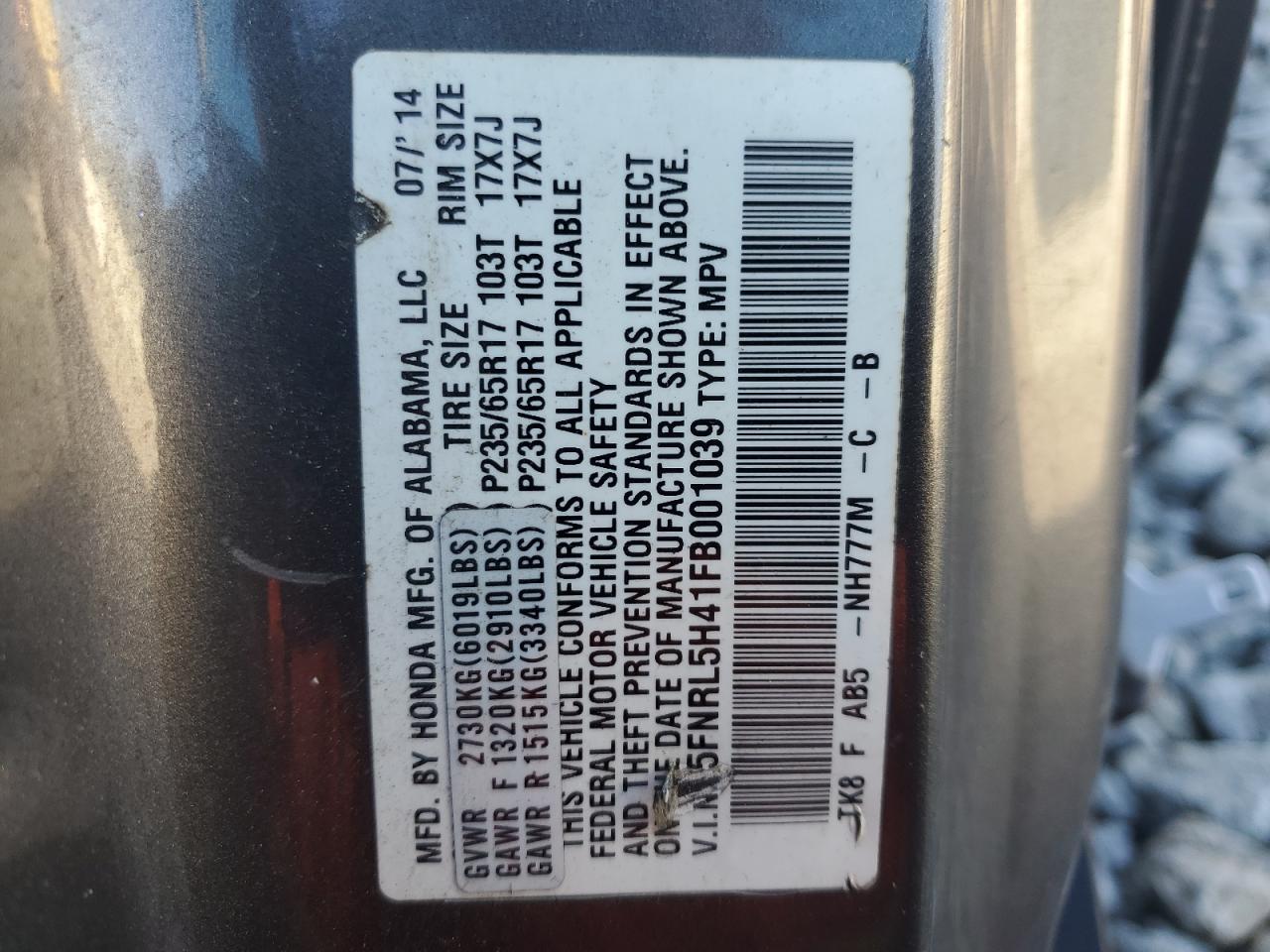 5FNRL5H41FB001039 2015 Honda Odyssey Ex