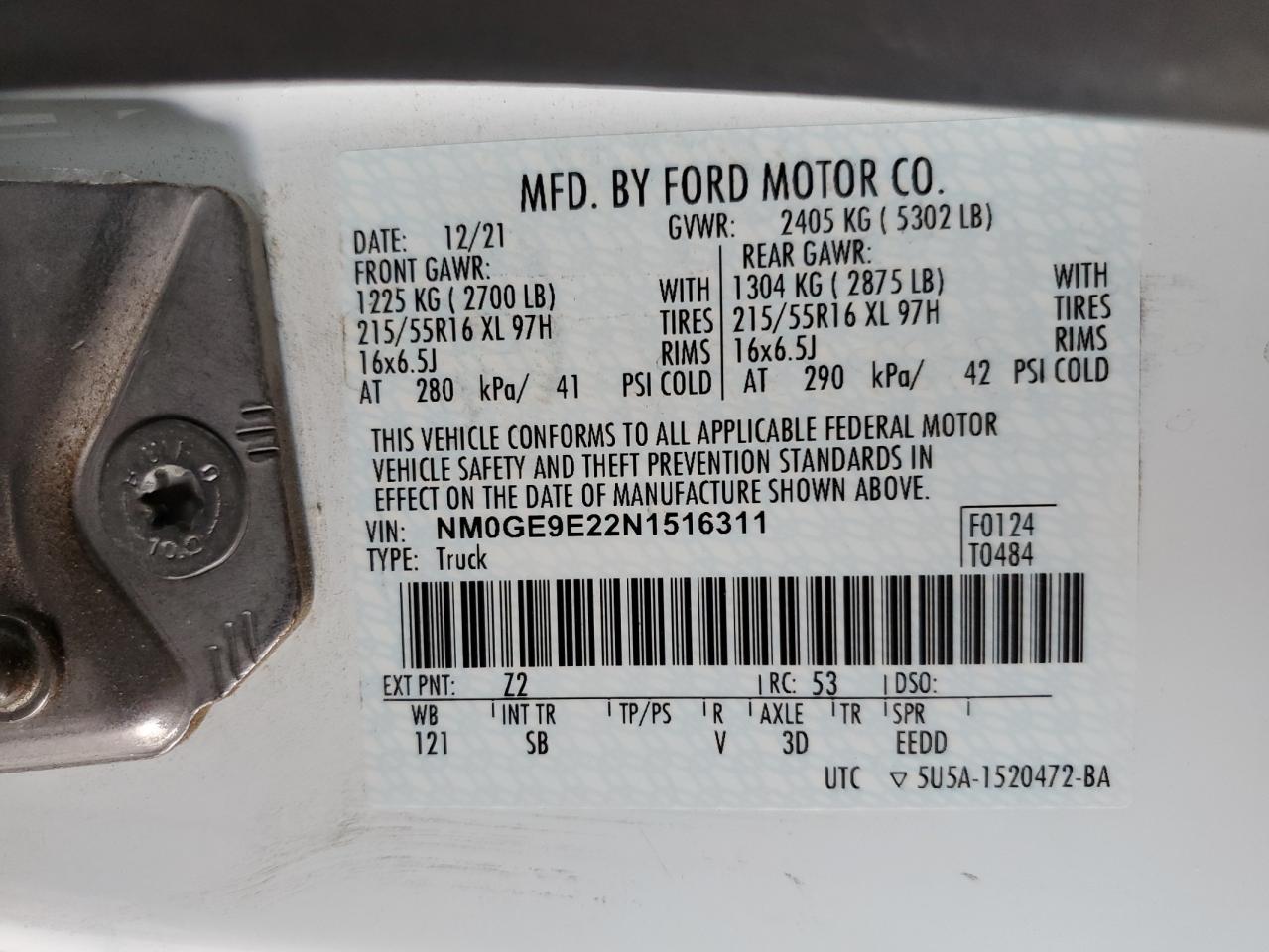 2022 Ford Transit Connect Xl VIN: NM0GE9E22N1516311 Lot: 74842574