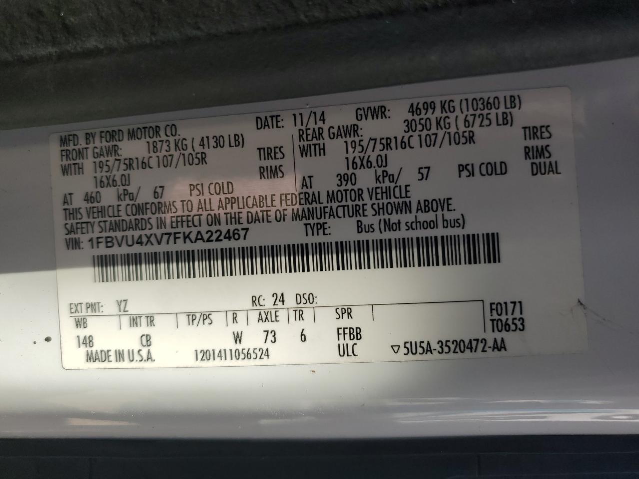 2015 Ford Transit T-350 Hd VIN: 1FBVU4XV7FKA22467 Lot: 75900204