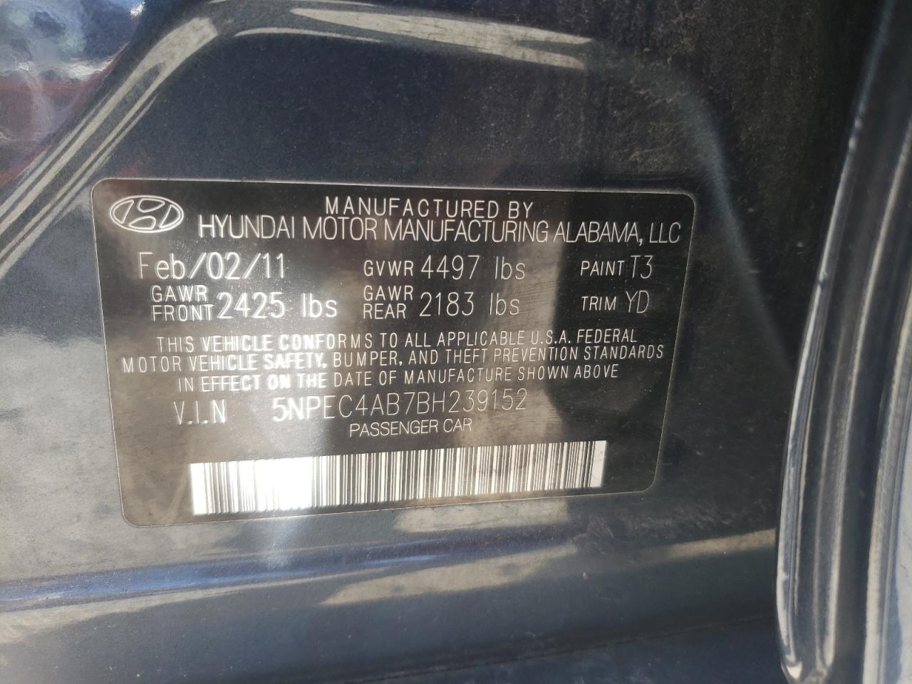 5NPEC4AB7BH239152 2011 Hyundai Sonata Se