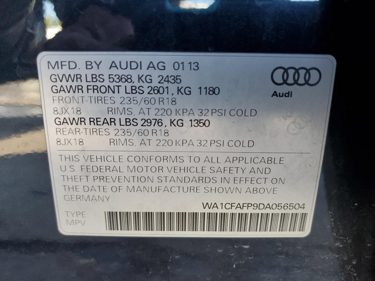 2013 Audi Q5 Premium VIN: WA1CFAFP9DA056504 Lot: 73669104