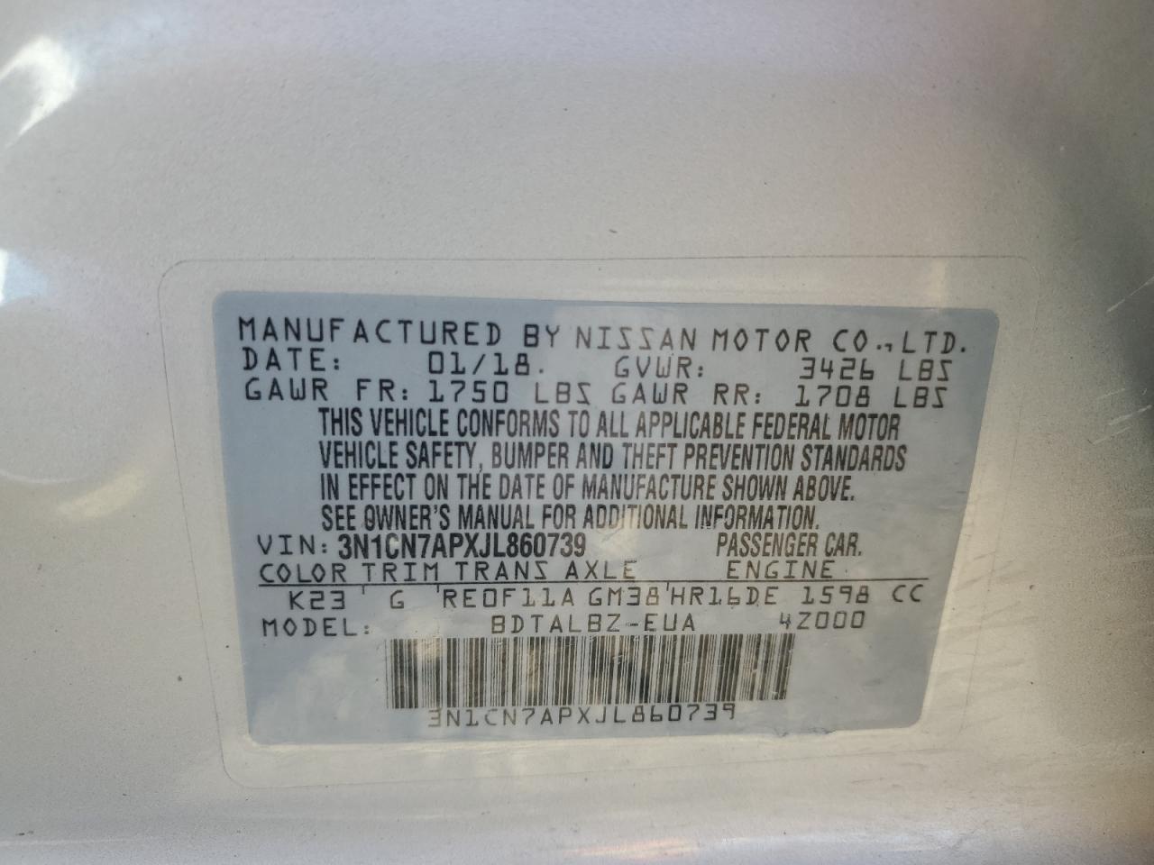 3N1CN7APXJL860739 2018 Nissan Versa S