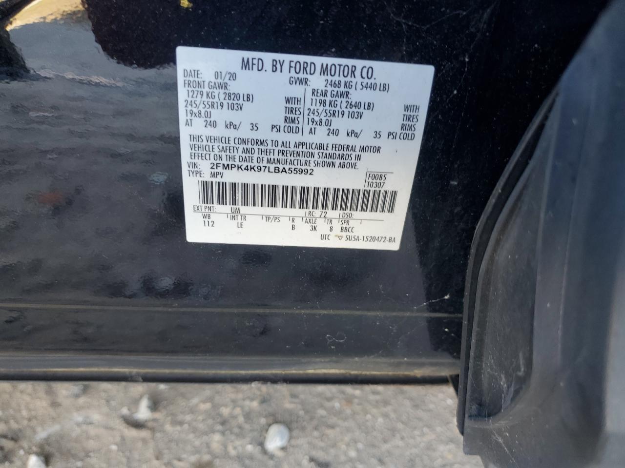 2020 Ford Edge Titanium VIN: 2FMPK4K97LBA55992 Lot: 76043944