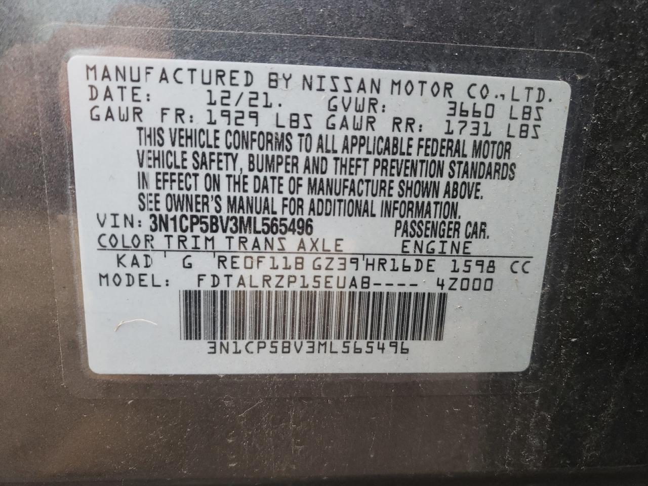 3N1CP5BV3ML565496 2021 Nissan Kicks S