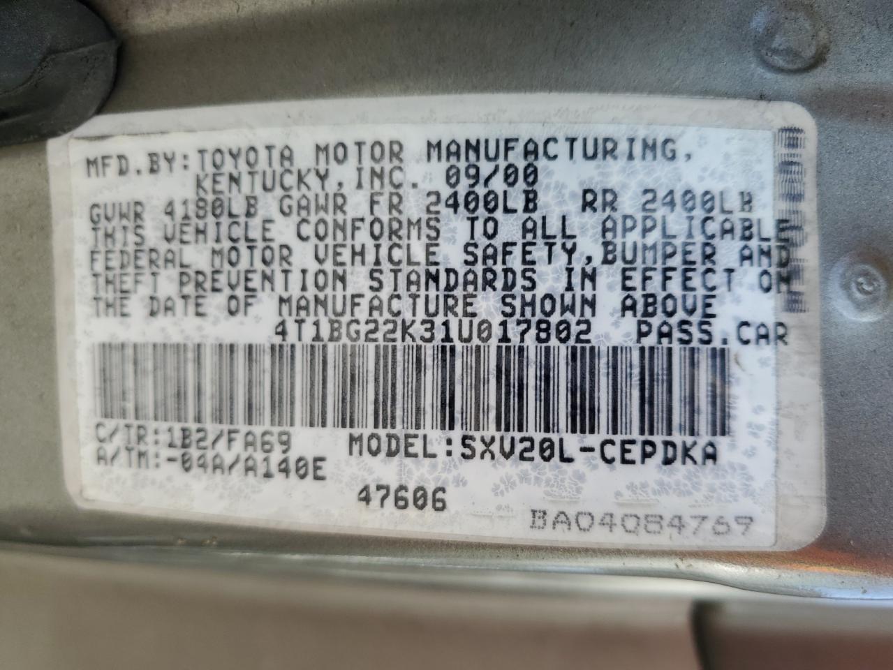 4T1BG22K31U017802 2001 Toyota Camry Ce