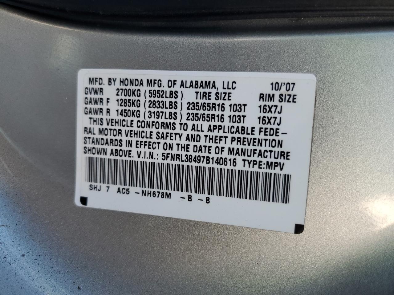 5FNRL38497B140616 2007 Honda Odyssey Ex