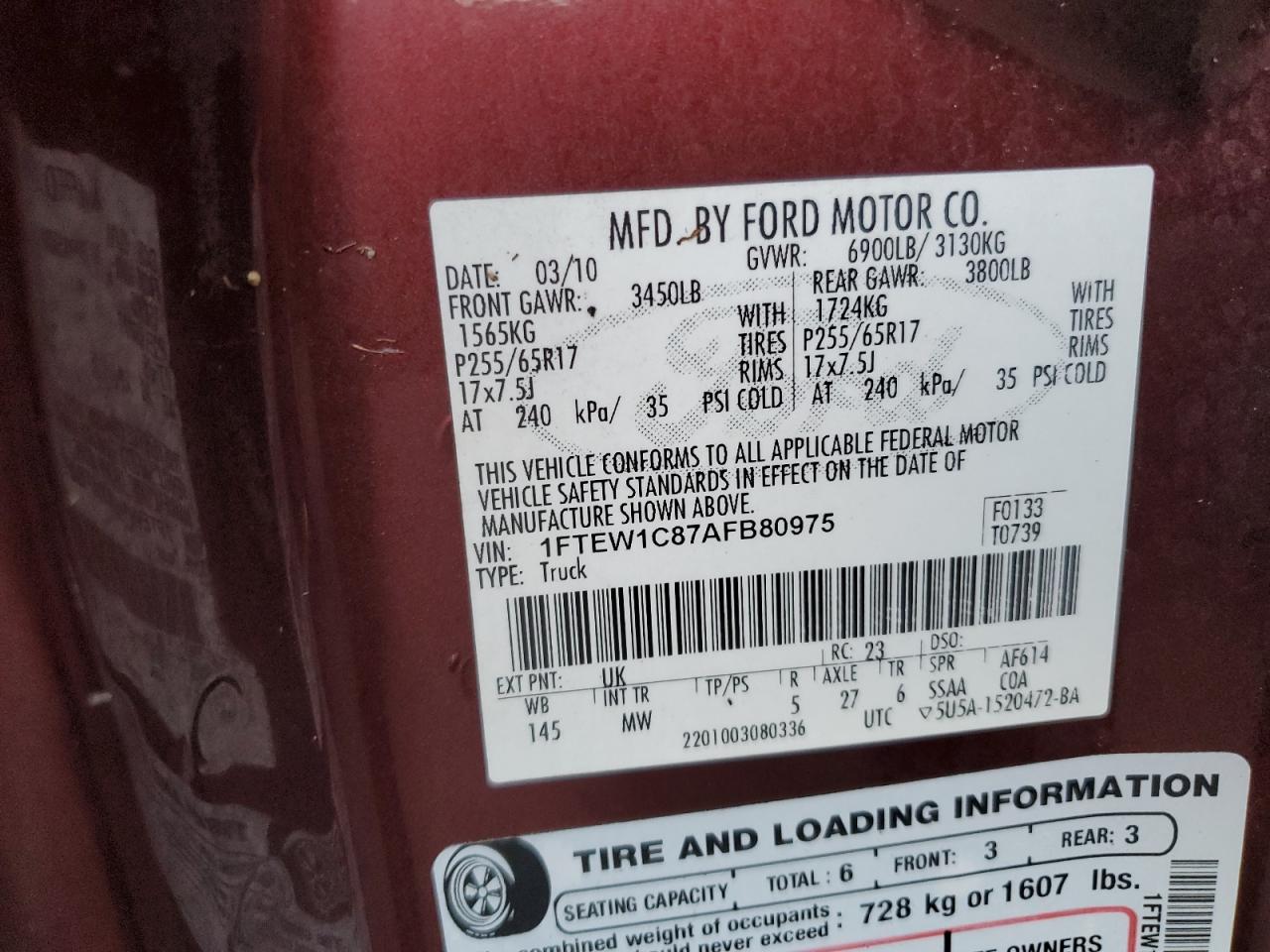 2010 Ford F150 Supercrew VIN: 1FTEW1C87AFB80975 Lot: 73801014