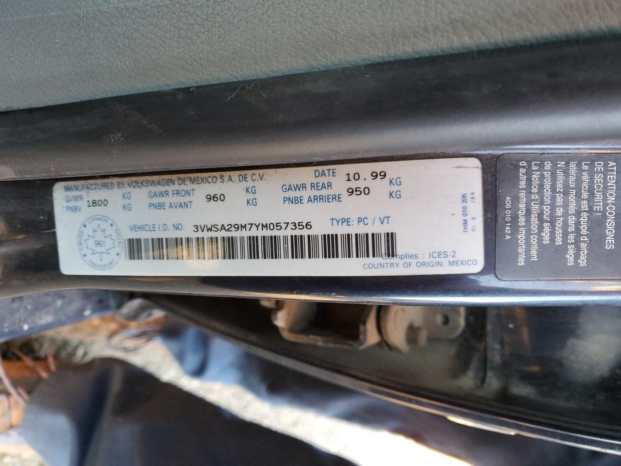 2000 Volkswagen Jetta Gls VIN: 3VWSA29M7YM057356 Lot: 76960844