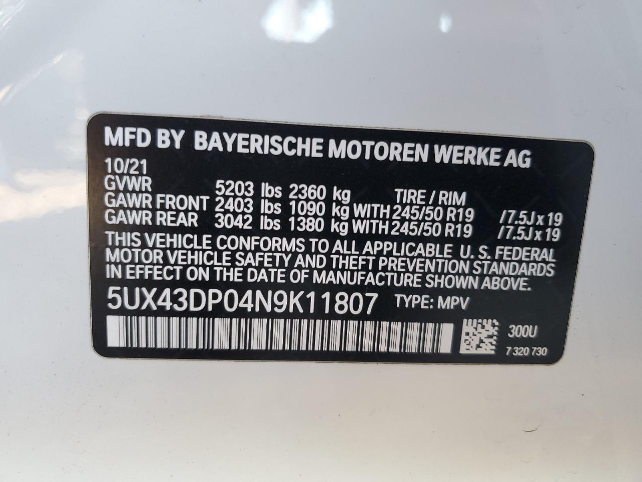 5UX43DP04N9K11807 2022 BMW X3 Sdrive30I