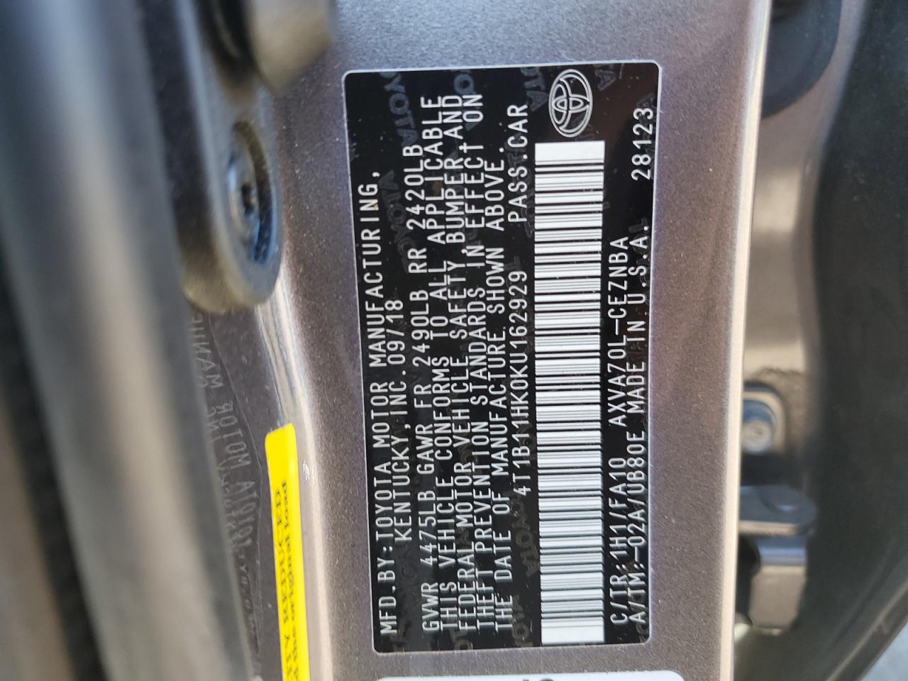 4T1B11HK0KU162929 2019 Toyota Camry L