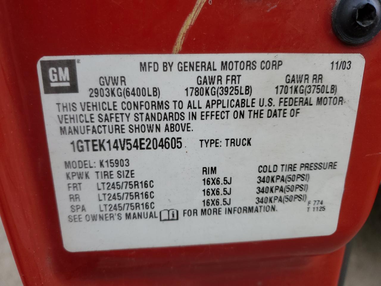 1GTEK14V54E204605 2004 GMC New Sierra K1500