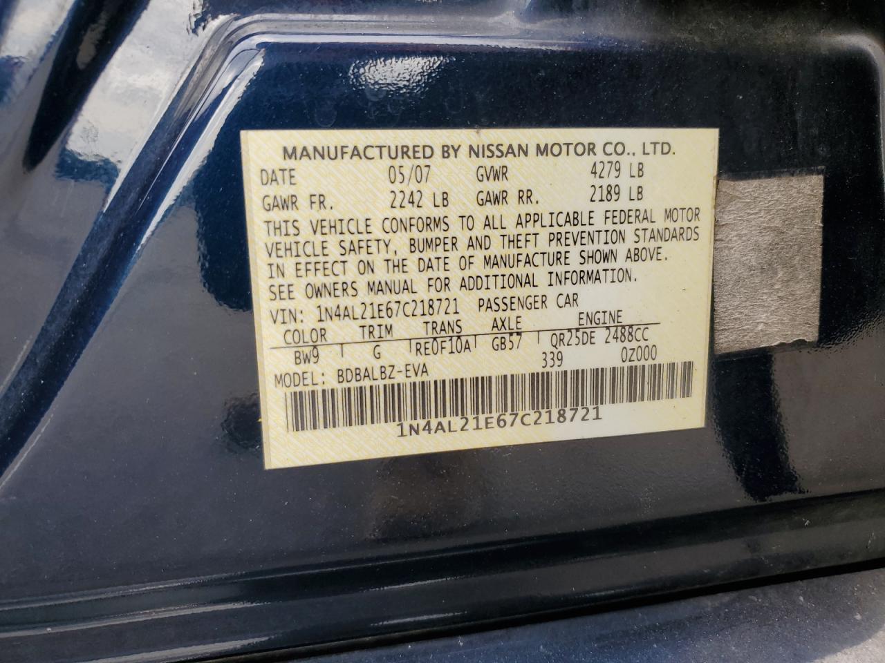 1N4AL21E67C218721 2007 Nissan Altima 2.5