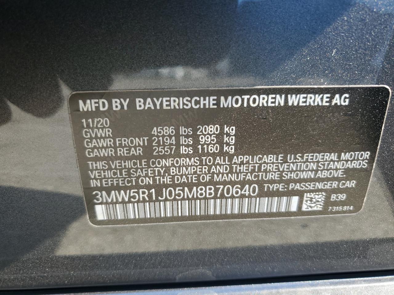 3MW5R1J05M8B70640 2021 BMW 330I