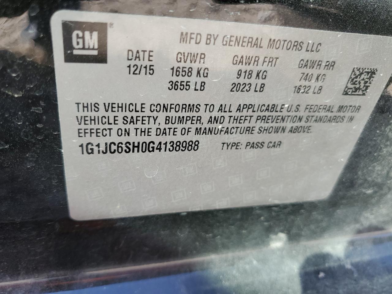 2016 Chevrolet Sonic Lt VIN: 1G1JC6SH0G4138988 Lot: 76694534