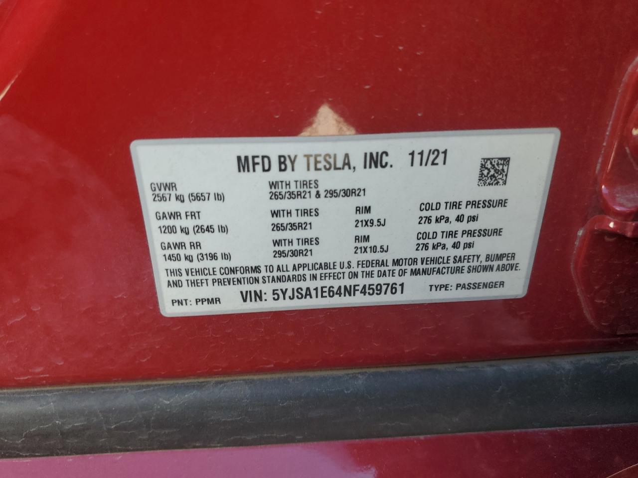 2022 Tesla Model S VIN: 5YJSA1E64NF459761 Lot: 75478984