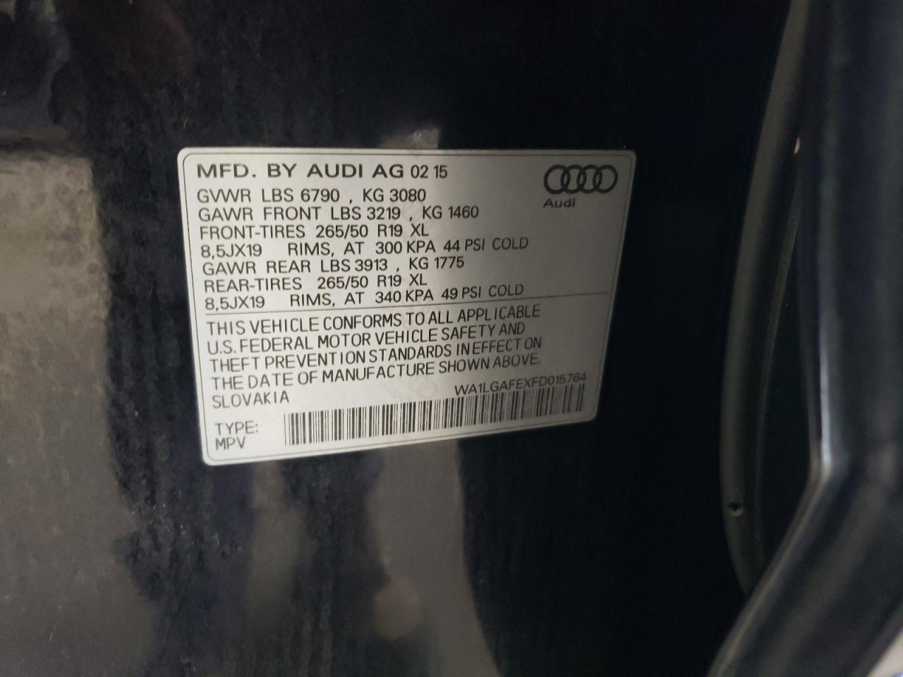 2015 Audi Q7 Premium Plus VIN: WA1LGAFEXFD015764 Lot: 74365494