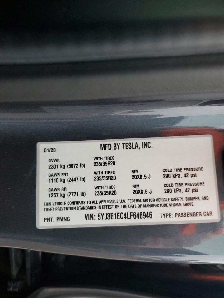 2020 Tesla Model 3 VIN: 5YJ3E1EC4LF646946 Lot: 75541864