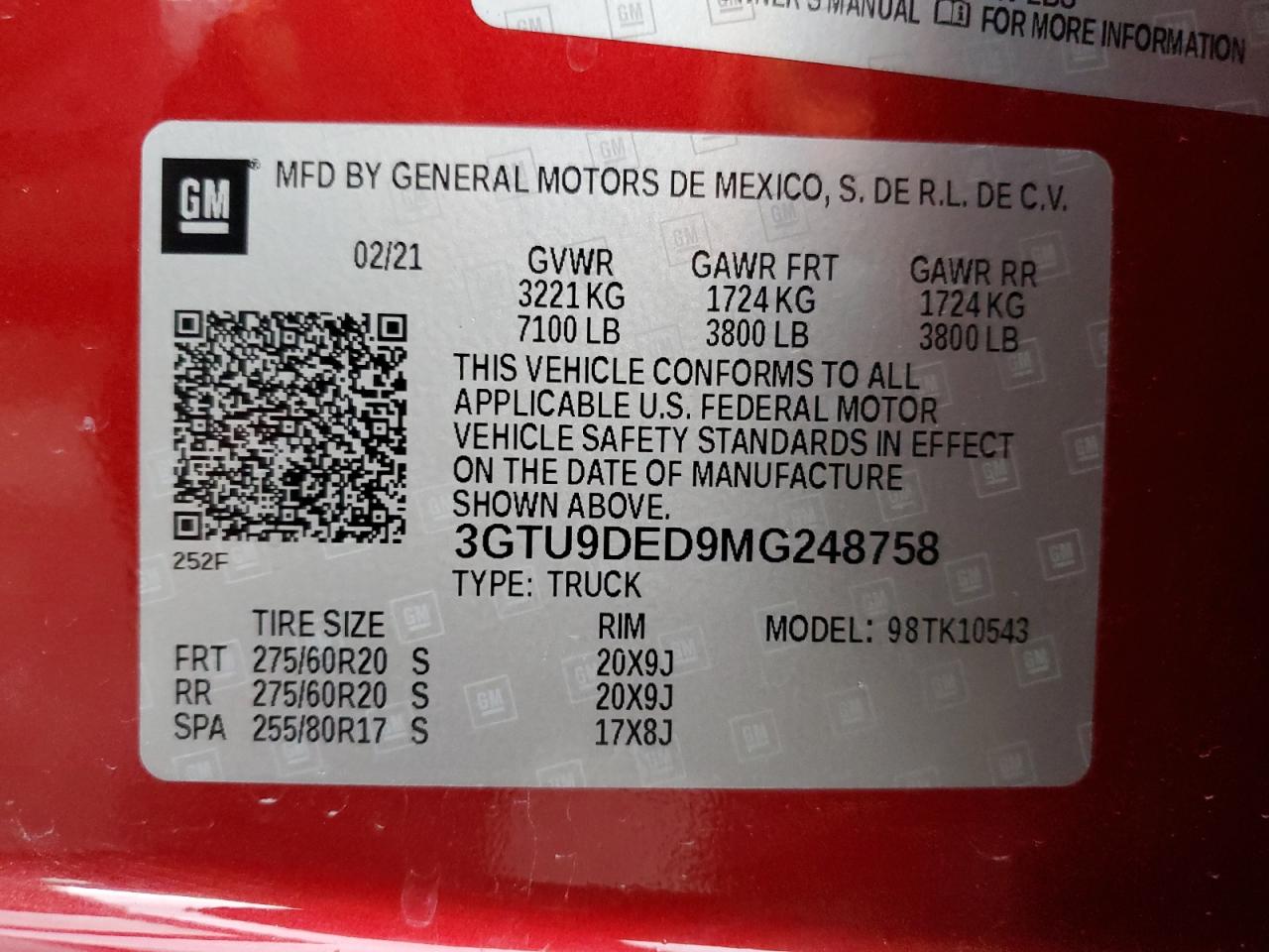 3GTU9DED9MG248758 2021 GMC Sierra K1500 Slt