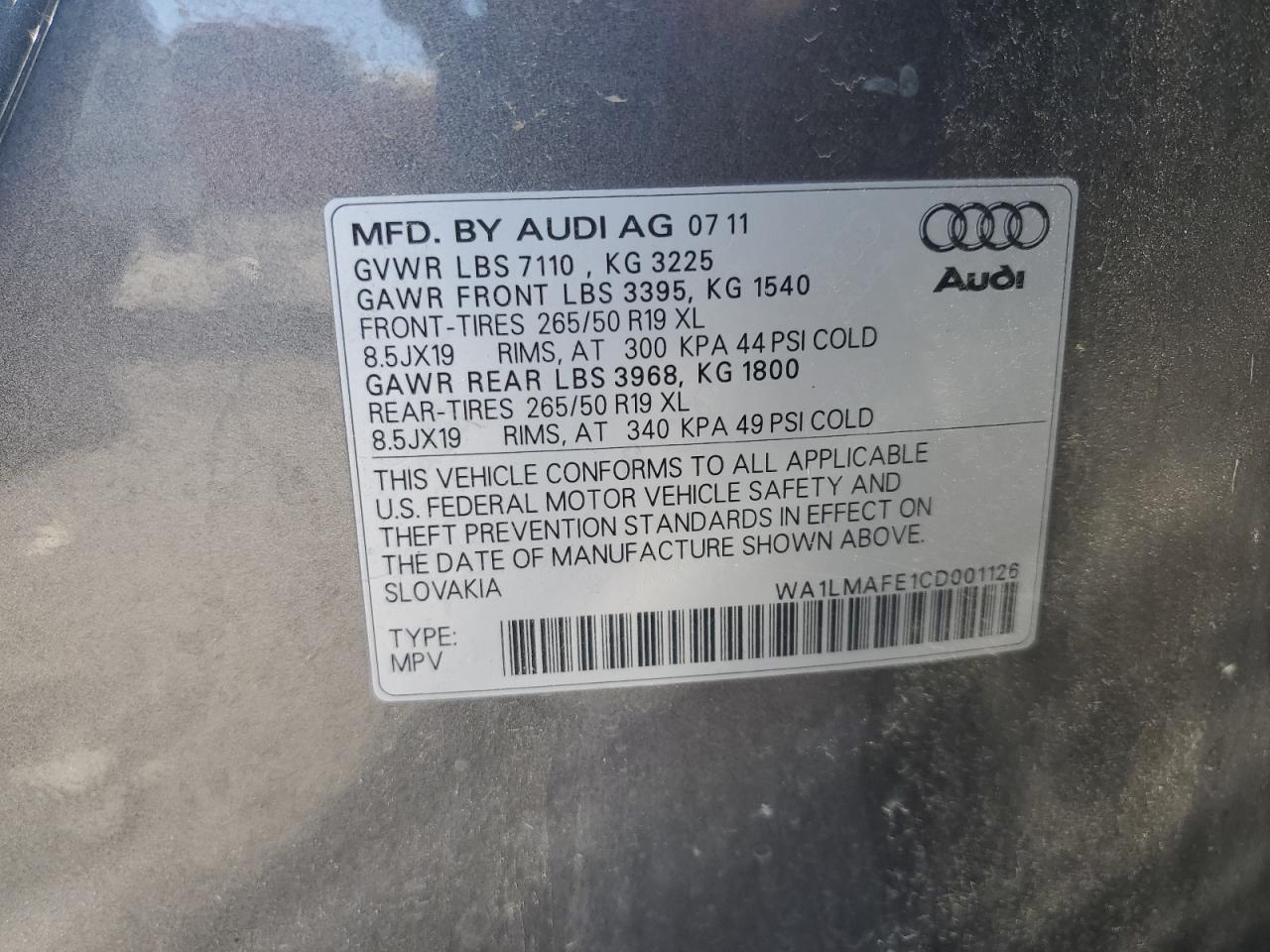 2012 Audi Q7 Premium Plus VIN: WA1LMAFE1CD001126 Lot: 76080474