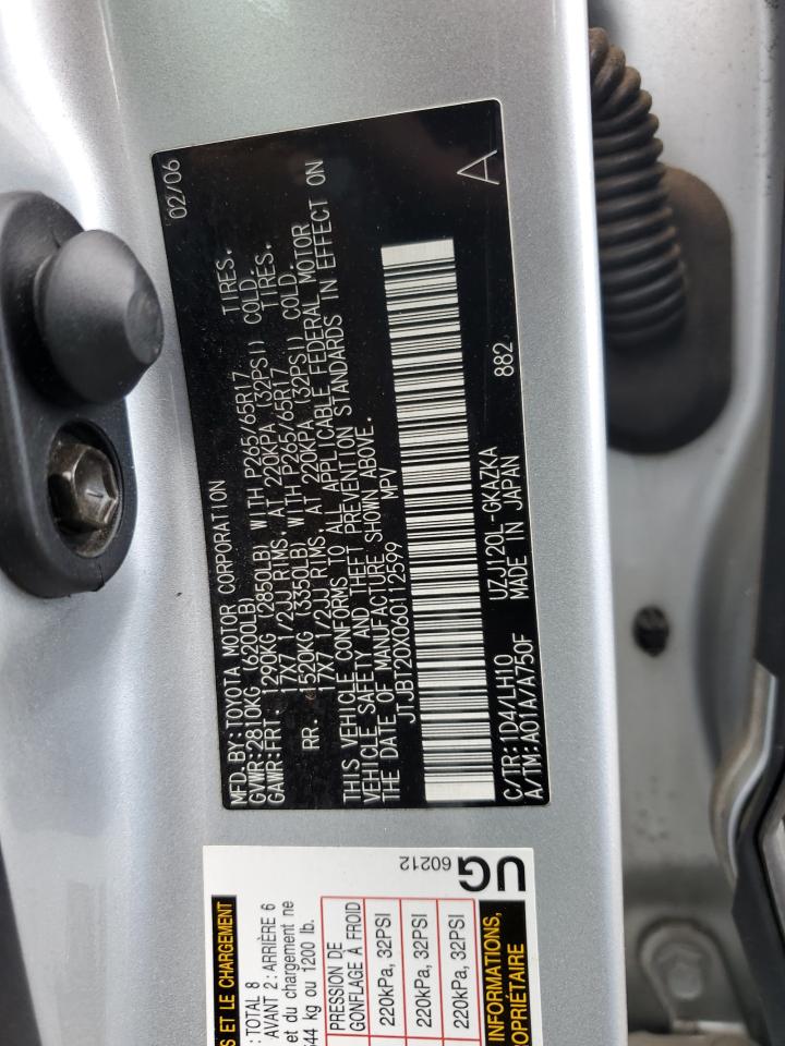 2006 Lexus Gx 470 VIN: JTJBT20X060112599 Lot: 76788314