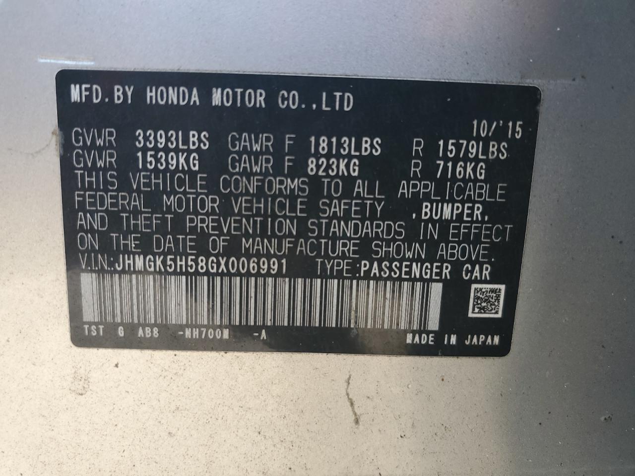 JHMGK5H58GX006991 2016 Honda Fit Lx