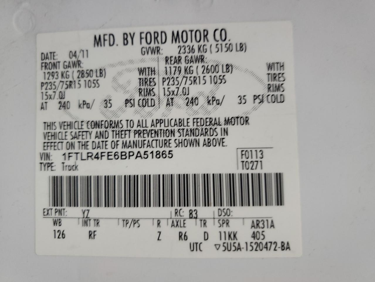 1FTLR4FE6BPA51865 2011 Ford Ranger Super Cab