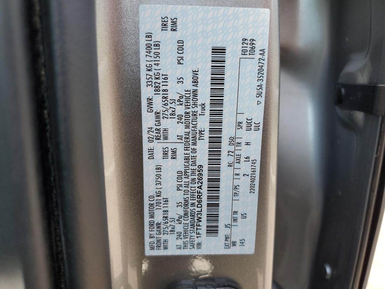 2024 Ford F150 Xlt VIN: 1FTFW3LD6RFA26959 Lot: 74567704