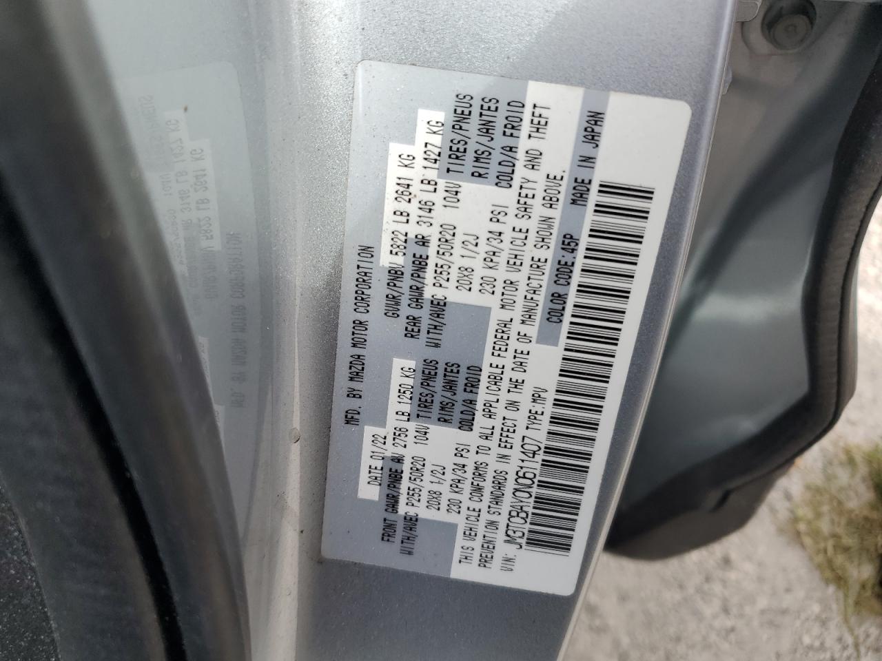 JM3TCBAY0N0611407 2022 Mazda Cx-9 Touring Plus