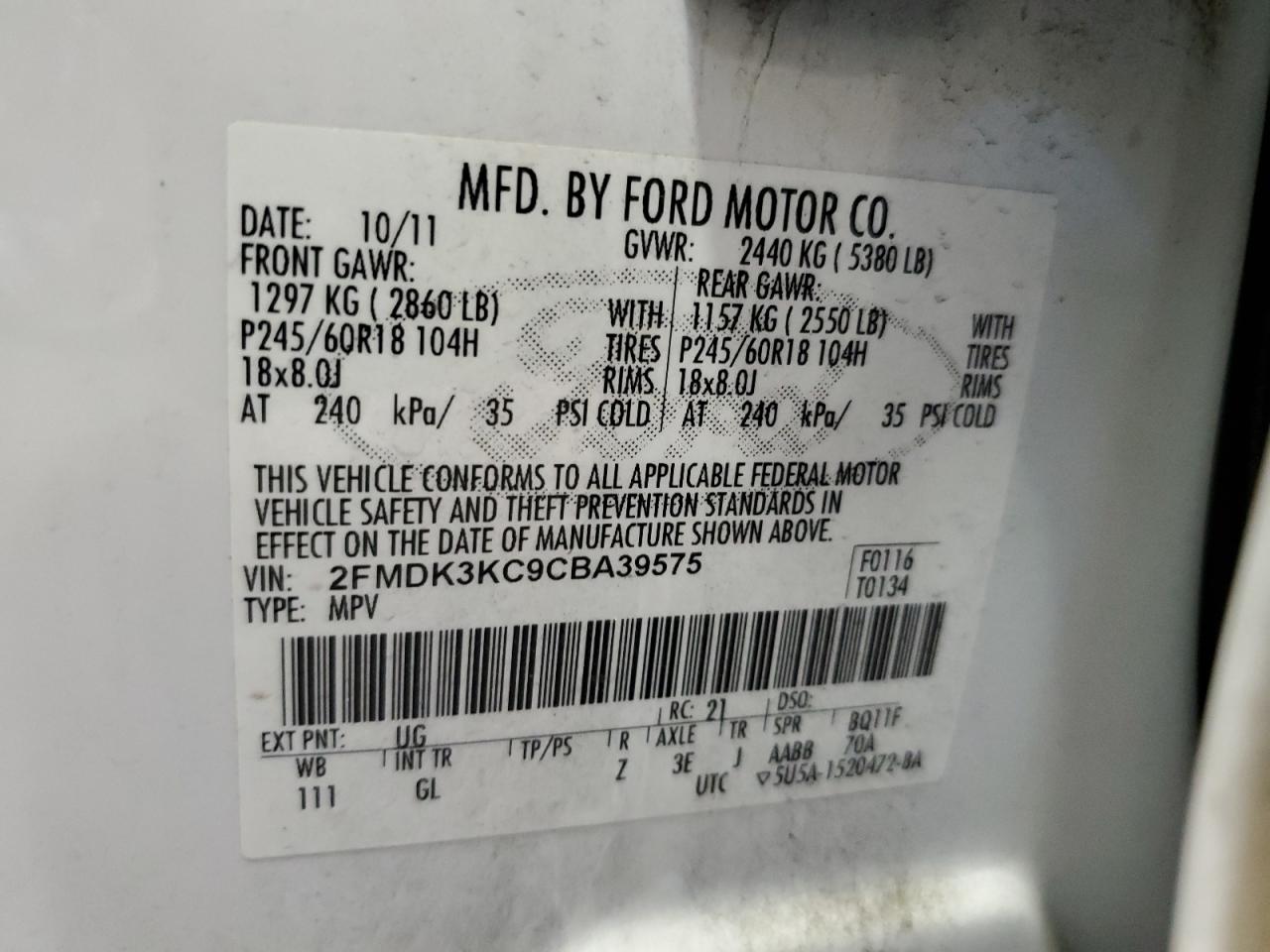 2FMDK3KC9CBA39575 2012 Ford Edge Limited