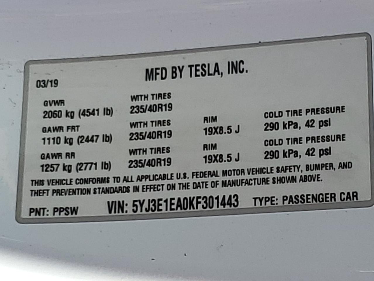 VIN 5YJ3E1EA0KF301443 2019 TESLA MODEL 3 no.12