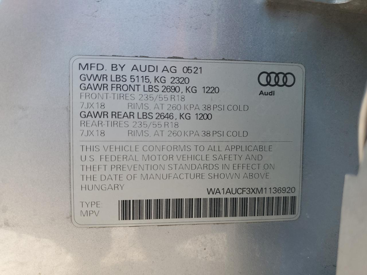 2021 Audi Q3 Premium 40 VIN: WA1AUCF3XM1136920 Lot: 76256054