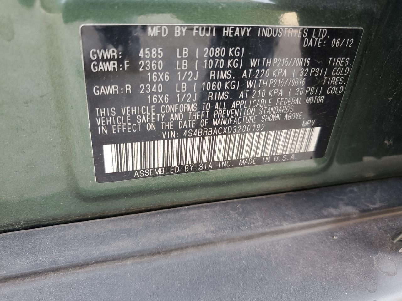 2013 Subaru Outback 2.5I VIN: 4S4BRBACXD3200192 Lot: 76078804