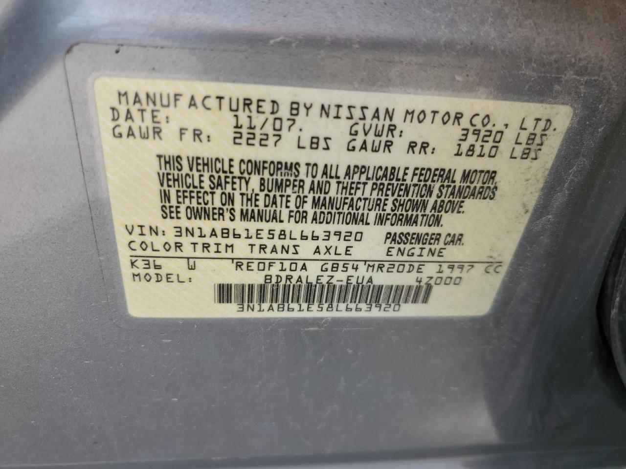 2008 Nissan Sentra 2.0 VIN: 3N1AB61E58L663920 Lot: 75413754